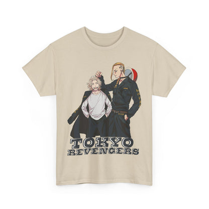 Luxurious beige Tokyo Revengers anime graphic t-shirt for men, highlighting a captivating design of two characters, ideal for fashionable anime fans.