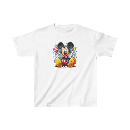 Elegant Child's Mickey Mouse Unisex Graphic Tee Shirt for Kids, showcasing a cheerful Mickey with a lollipop, vibrant hues, and a delightful graphics design on a white background.
