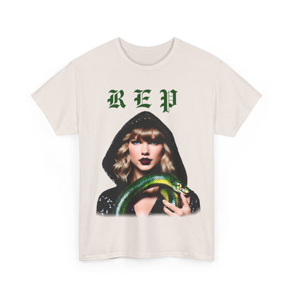 Taylor Swift Reputation Era t-shirt in a chic cream shade, featuring a captivating graphic design of Taylor with a green snake, perfect for demonstrating Swiftie pride.