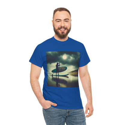 Stylish graphics depicting paddleboarding scene on the Delightfull Paddle Board T-Shirt, a luxurious piece by Dazzling Dreams Studio for water sports lovers.