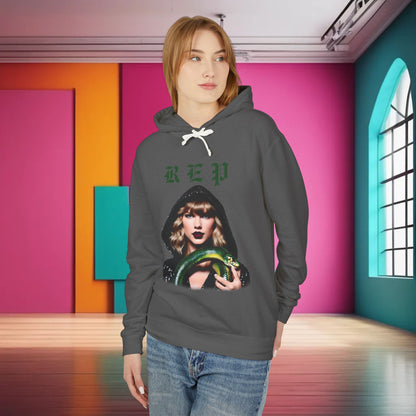 Model wearing a luxurious unisex cotton hoodie for Swifties, showcasing a unique design inspired by Taylor Swift's iconic style.