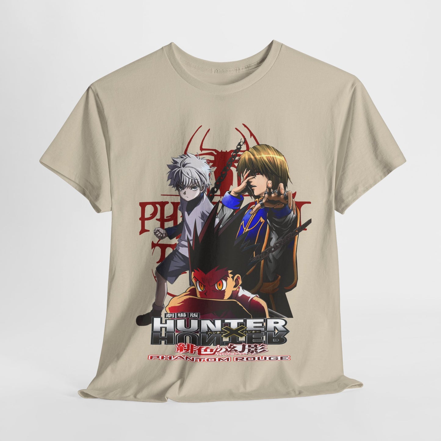 Front view of a cream Hunter x Hunter T-shirt, vividly illustrating beloved characters - an exquisite choice for any anime aficionado.
