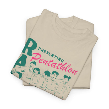 Luxurious cotton tees featuring an artistic layering of Squid Game pentathlon imagery, elegantly folded, perfect for unique, stylish casual attire.