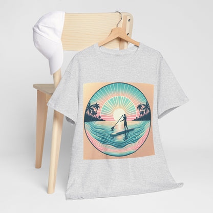 Model wearing the Delightfull Paddle Board T-Shirt from Dazzling Dreams Studio, epitomising adventure and nature-inspired design ideal for outdoor activities.