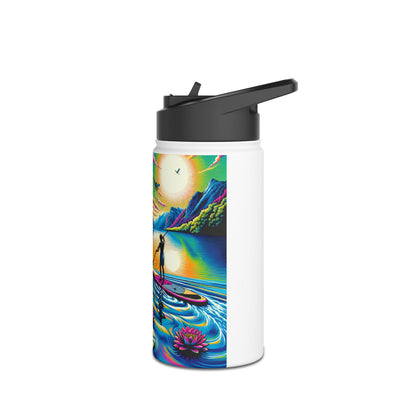 Fantasy Paddleboarding Stainless Steel Water Bottle showcasing a paddleboarder on a serene lake at sunset, an ideal companion for luxurious hydration on water.