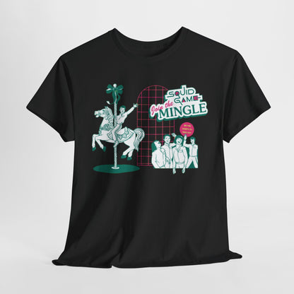 Stylish black graphic t-shirt featuring a playful Squid Game design with the phrase 'Join the Mingle' alongside vibrant illustrations, perfect for fashion-forward fans of the series.