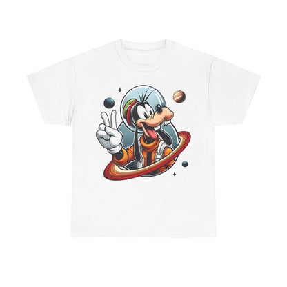 Blast Off with Goofy Astronaut Graphic Unisex Graphic Tee Shirt in white, featuring a joyful Goofy in a vibrant space suit surrounded by celestial elements.
