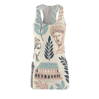Alessandro Estrella Racerback Dress by Dazzling Dreams Studio, showcasing a pastel vintage-inspired design adorned with intricate Roman motifs, including the Colosseum and laurel leaves.