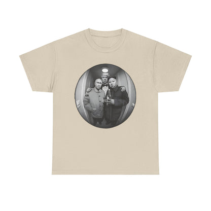 Elegant cotton T-shirt displaying a unique fisheye perspective of three prominent leaders, illustrating a playful commentary on international relations in a chic black and white design.