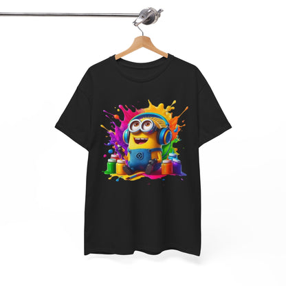 Sophisticated black T-shirt elegantly hanging, featuring a lively Minion design with vibrant paint colours, embodying a blend of fun and artistry.