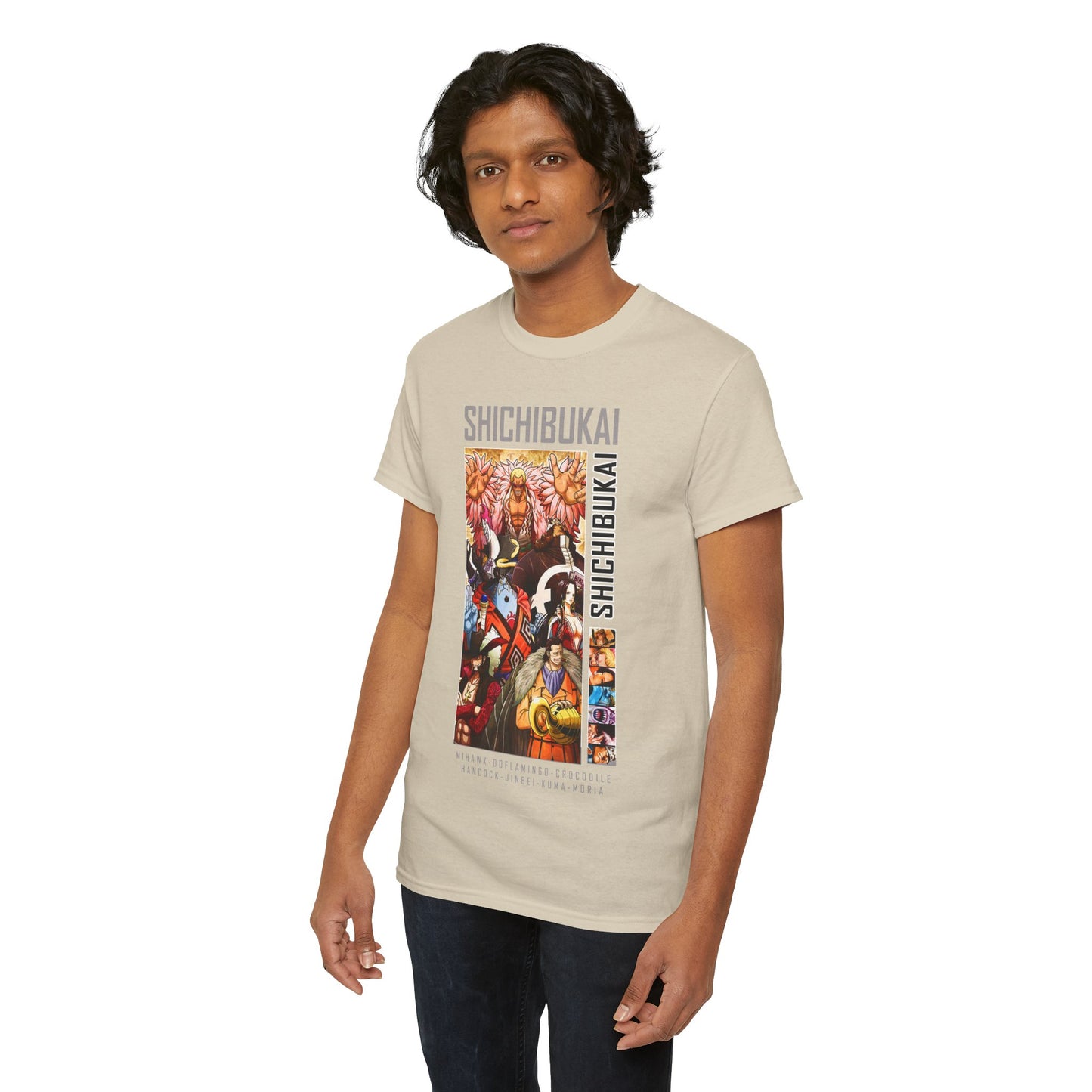 Luxurious men's T-shirt featuring a striking Shichibukai anime graphic design, showcasing popular characters against a soft beige backdrop.