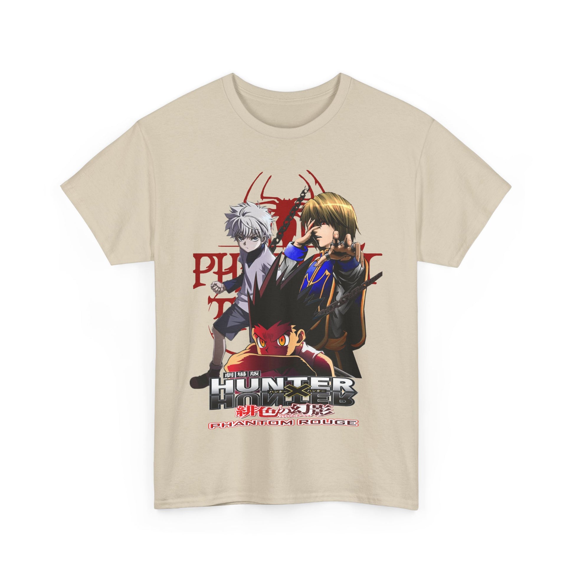 Chic cream-coloured Hunter x Hunter T-shirt featuring dynamic illustrations of iconic characters, perfect for sophisticated anime collectors.