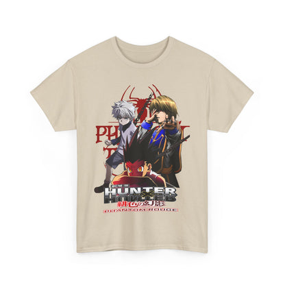 Chic cream-coloured Hunter x Hunter T-shirt featuring dynamic illustrations of iconic characters, perfect for sophisticated anime collectors.