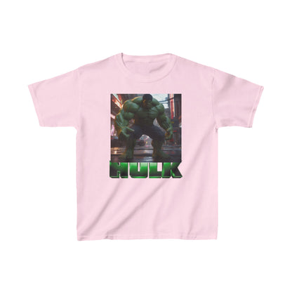 Chic Kids Heavy Cotton Incredible Hulk T-Shirt in soft pink, adorned with a captivating Hulk illustration - made for aspiring young heroes.