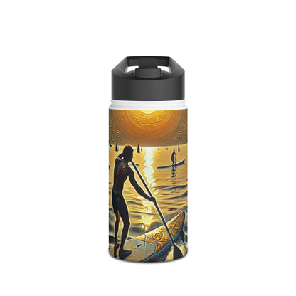 Fantasy Paddleboarding Stainless Steel Water Bottle featuring an artistic design depicting paddleboarding under a sunset, perfect for water adventure enthusiasts.
