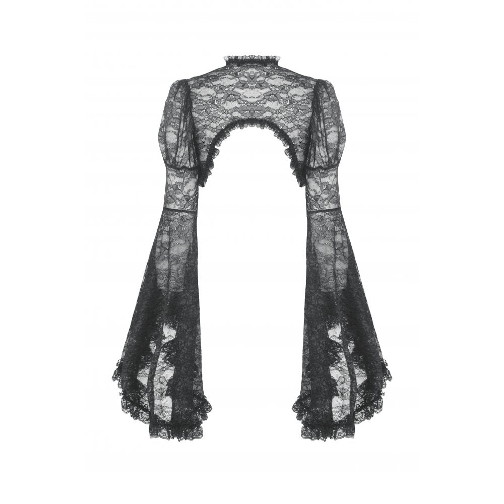 Open Front Design of Black Lace Shrug, enhancing neckline elegance in gothic attire.