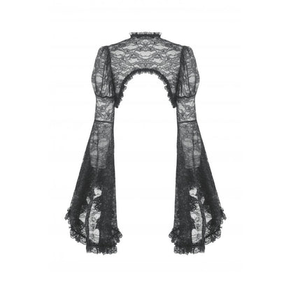 Open Front Design of Black Lace Shrug, enhancing neckline elegance in gothic attire.
