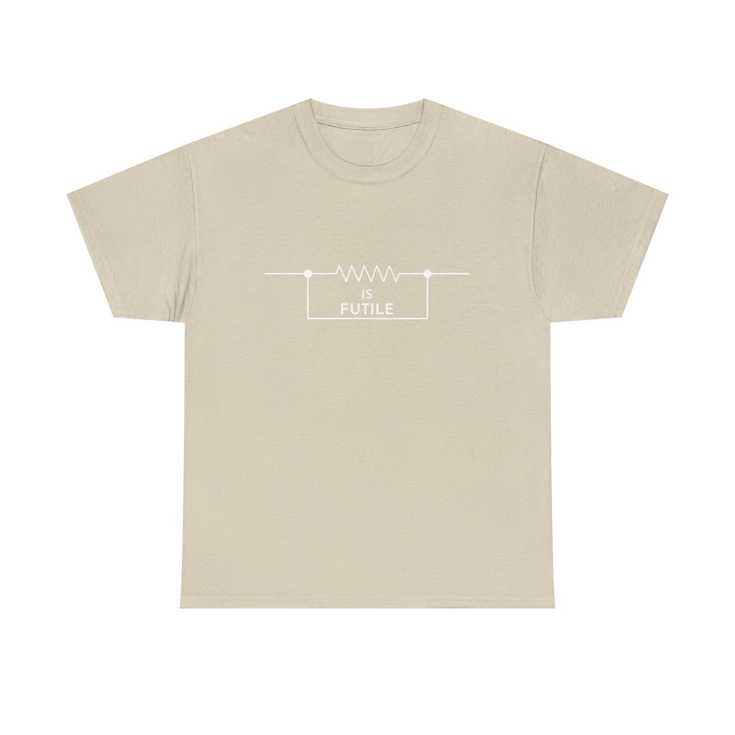 Elegant beige unisex graphic tee shirt showcasing the bold statement 'IS FUTILE' within a sophisticated resistor graphic, ideal for fans of sci-fi culture.