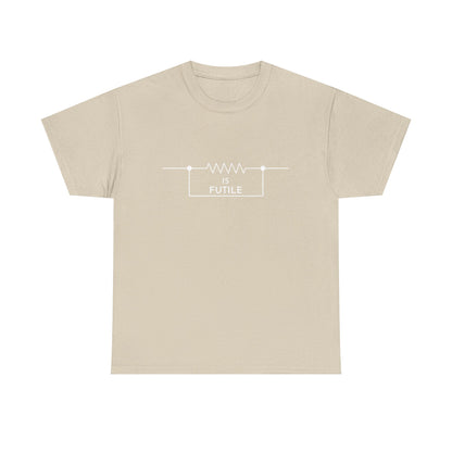 Elegant beige unisex graphic tee shirt showcasing the bold statement 'IS FUTILE' within a sophisticated resistor graphic, ideal for fans of sci-fi culture.