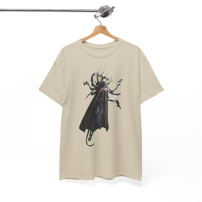 Luxurious unisex graphic t-shirt featuring an intricate fantasy creature design, displayed elegantly on a wooden hanger against a minimalist backdrop.