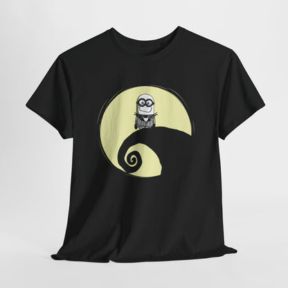 Minion Jack Skellington Unisex Mens Womens Graphic Funny T Shirt Tee Urban featuring a whimsical minion character atop a crescent moon, perfect for fans of comedy and Halloween. Ideal for a casual look, this fun T Shirt combines elements of the Minions with spooky vibes.