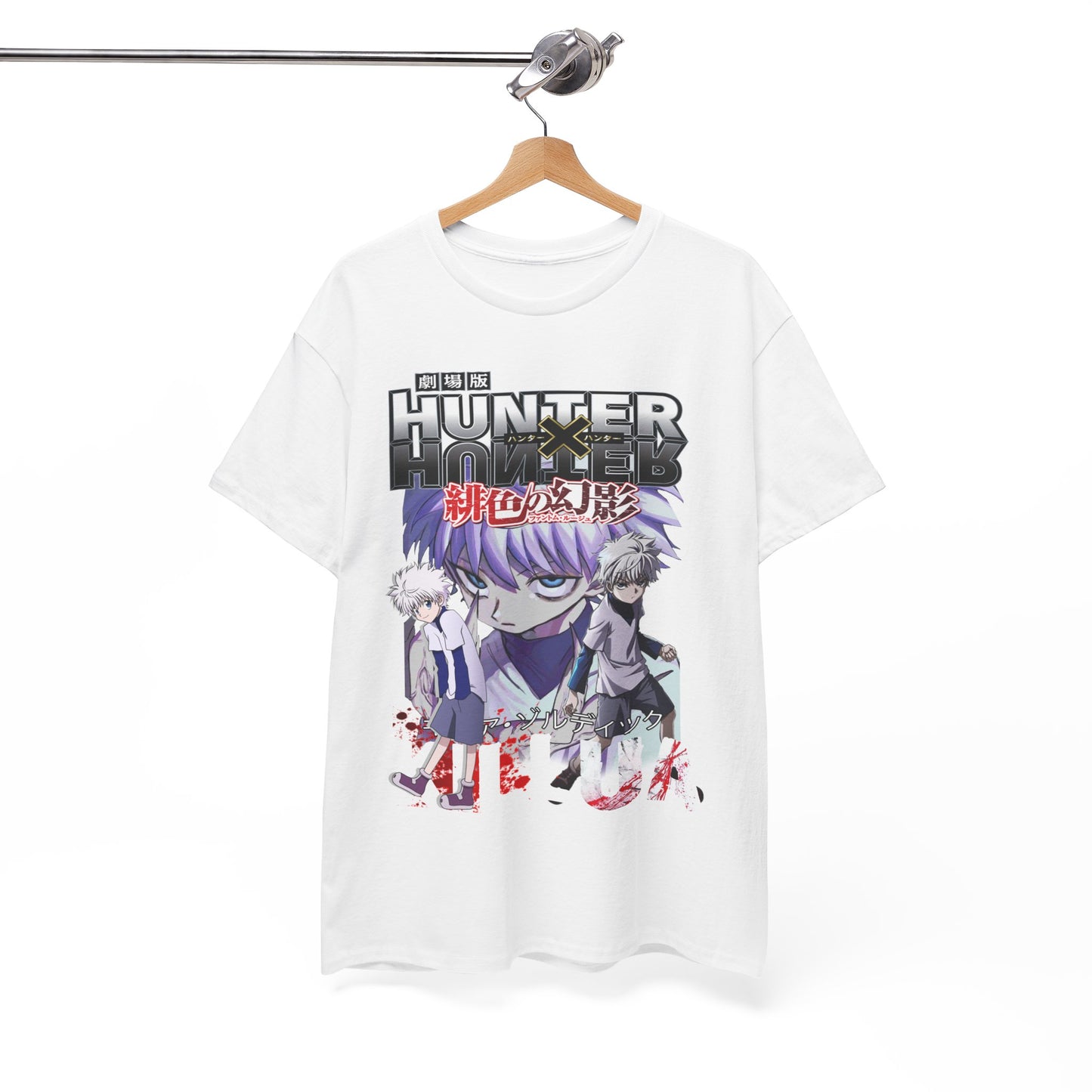 Sophisticated Hunter x Hunter graphic tee elegantly hanging, revealing intricate design details and a premium look, ideal for anime conventions and casual outings.