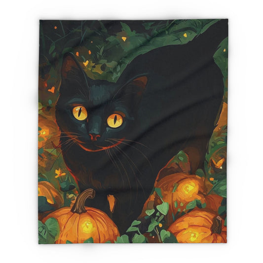 Decorative and Warm Halloween Spooky Arctic Fleece Blanket featuring a serene black cat amidst glowing pumpkins, perfect for cozying up during the Halloween season.