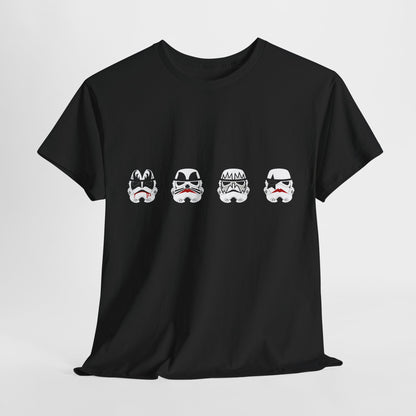 Kiss My Stormtroopers Parody T-shirt, showcasing iconic stormtrooper artwork merged with KISS rock stylings on a luxurious black unisex tee.