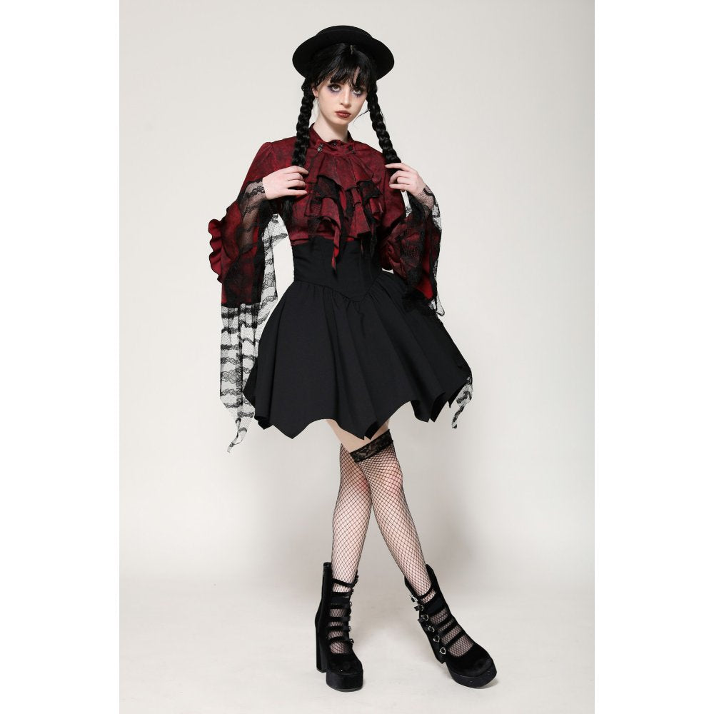 Luxury Vampiretta Red Distressed Blouse with Frilly Lace Detail by Dark in Love, showcasing intricate lace-up back design.