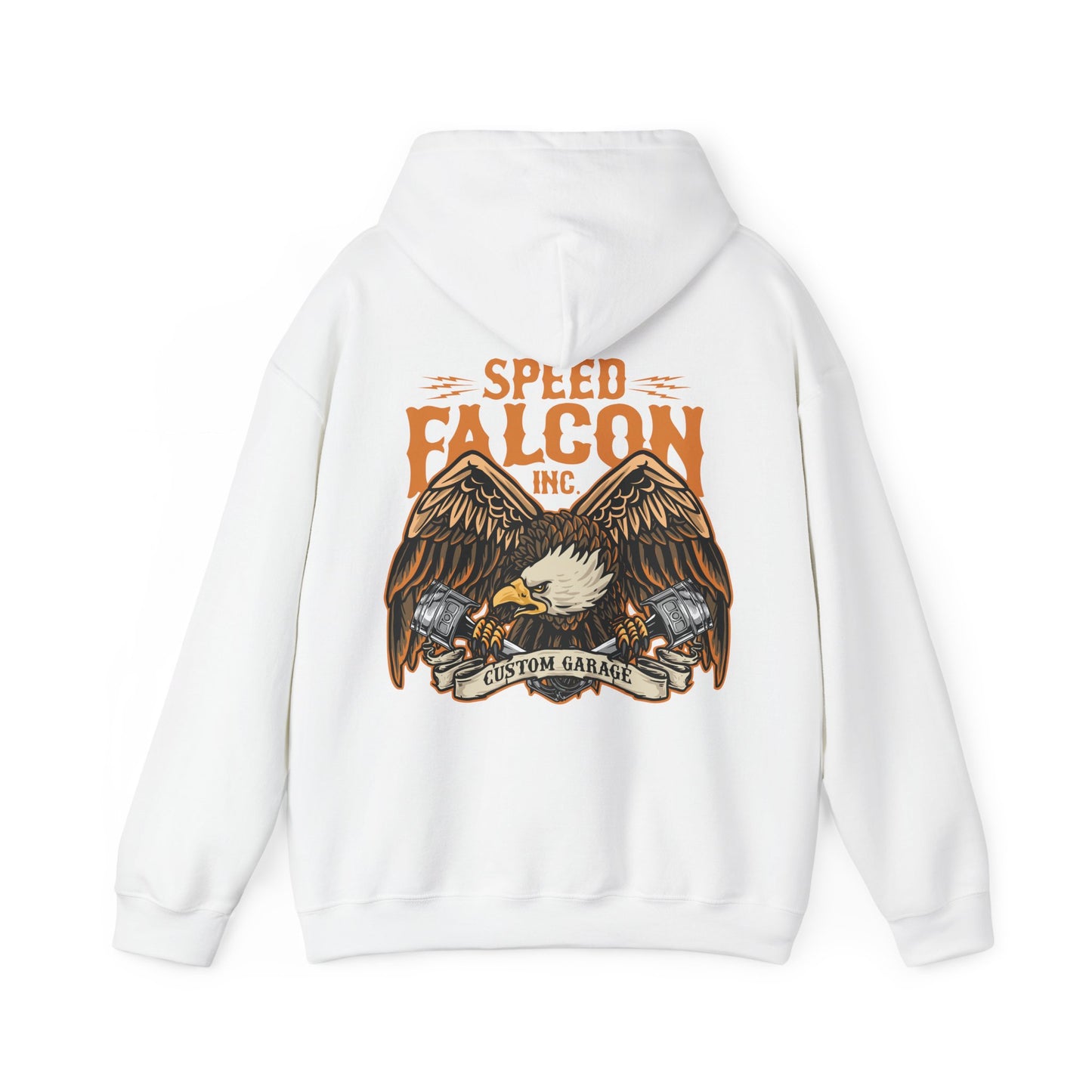 Luxury white hoodie featuring a striking back graphic of a majestic eagle, adorned with intricate tattoo-inspired artwork. The design showcases the bold 'SPEED FALCON INC.' branding and the words 'CUSTOM GARAGE' elegantly encircled, symbolising strength and high-speed energy.