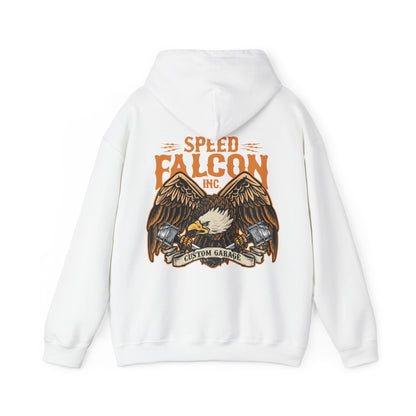 Luxury white hoodie featuring a striking back graphic of a majestic eagle, adorned with intricate tattoo-inspired artwork. The design showcases the bold 'SPEED FALCON INC.' branding and the words 'CUSTOM GARAGE' elegantly encircled, symbolising strength and high-speed energy.