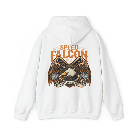 Luxury white hoodie featuring a striking back graphic of a majestic eagle, adorned with intricate tattoo-inspired artwork. The design showcases the bold 'SPEED FALCON INC.' branding and the words 'CUSTOM GARAGE' elegantly encircled, symbolising strength and high-speed energy.