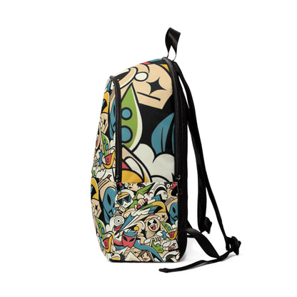 Close-up view of the Vibrant Abstract Excursion Fusion Backpack by Dazzling Dreams Studio, featuring intricate comic-style artwork and a dynamic colour palette.