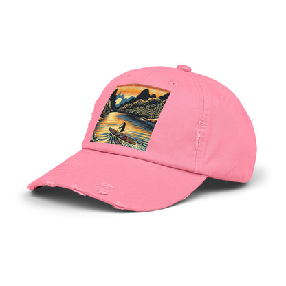 Unisex Distressed Paddleboarders Cap in a vibrant pink hue with a fantasy design, perfect for adding a touch of luxury to your water adventures.