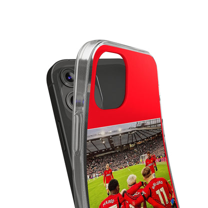 Chic Manchester United Mainoo Garnach Hojlund Soft Phone Case partially enveloping a smartphone, enhancing the device with eye-catching graphics that resonate with soccer fandom.