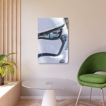 Elegant setting with the Stormtrooper Metal Art Poster – Iconic Star Wars Design, Indoor Décor, High-Quality Aluminium Finish on display, surrounded by contemporary decor and a stylish chair.