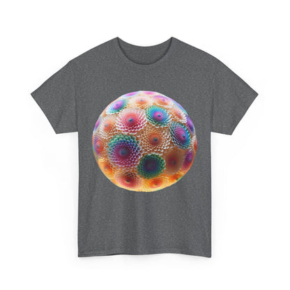 Front view of the Iridescent Floral Sphere Unisex Cotton Tee Graphic T Shirt displaying a colourful floral sphere design, capturing elegance in a luxurious cotton blend.