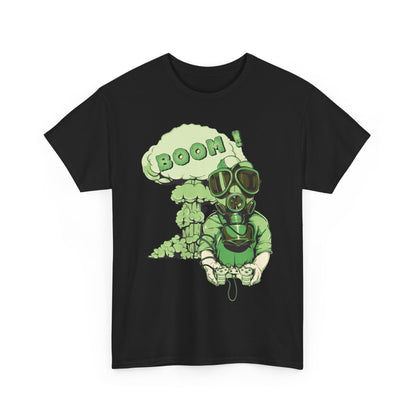 Artistic black t-shirt adorned with a vibrant gas mask graphic and bold explosion design, merging gaming culture with sophisticated style.