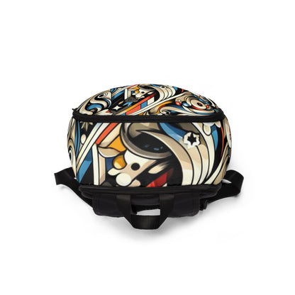 Close-up of the stylish Dynamic Cartoon Art Backpack designed by Dazzling Dreams Studio, highlighting its intricate comic-style motifs and sophisticated yet playful aesthetic.