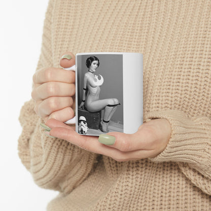 Stylish Funny Princess Leia Mug elegantly held, reflecting a blend of humour and artistry. The premium ceramic showcases a cheeky take on Princess Leia, making it a striking addition to any luxury drinkware collection.