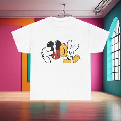 Mickey's Rebellion F**K Graphic T-Shirt in classic white, offering a striking visual of whimsical character design. Elevate your streetwear collection with this luxurious unisex cotton tee.