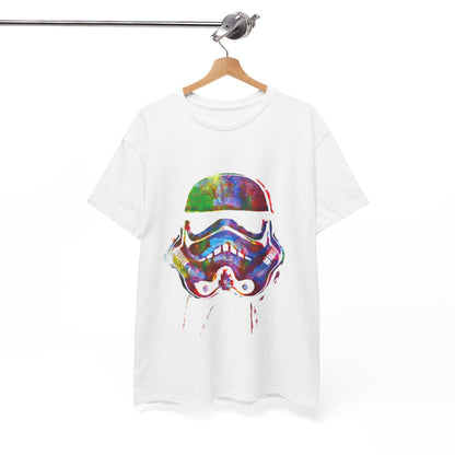 Chic white t-shirt elegantly displayed on a hanger, featuring a strikingly colourful Stormtrooper helmet design, embodying creativity and fandom.