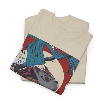 Folded beige t-shirts showcasing the captivating Demon Slayer graphic design, designed for anime fans seeking stylish comfort.