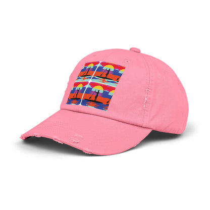 Unisex Distressed Paddleboarders Cap - Stylish Adventure Hat for Water Enthusiasts in vibrant pink featuring a striking paddleboarding graphic.