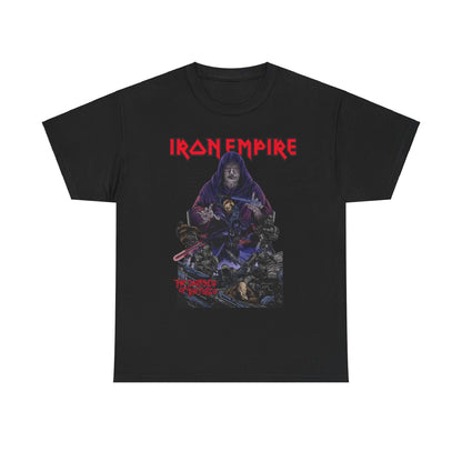 Iron Empire Graphic Tee featuring a striking design of Darth Sidious and Darth Vader on premium cotton, embodying luxury and galactic flair.