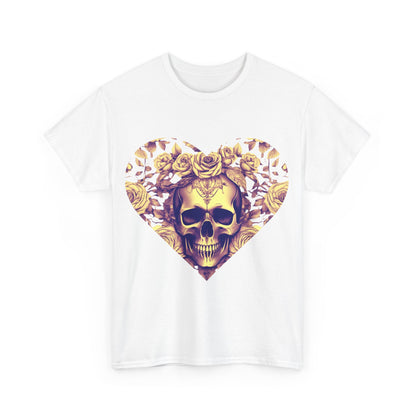Front view of Skulls and Roses Cotton Tee, an exquisite unisex graphic shirt featuring a striking design of a skull framed by roses in vibrant colours.