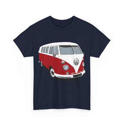 VW Camper Van Graphic T-Shirt Urban Unisex Cotton Tee showcasing a striking red and white Volkswagen Bus design against a navy blue fabric.