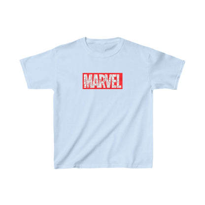 Elegant unisex children's cotton tee showcasing the iconic Marvel logo in a serene light blue hue, ideal for fashionable kids.