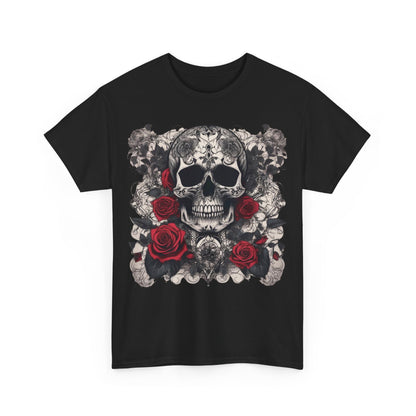 Skulls and Roses Cotton Tee – Unisex graphic shirt featuring captivating skull and roses illustration, elegantly presented in classic black for versatile styling.