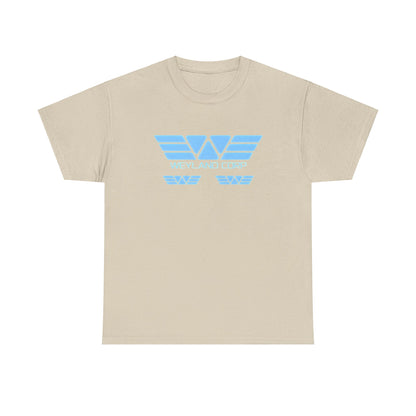 Weyland Corporation Retro Logo Graphic Tee Unisex in beige, featuring an eye-catching sky blue logo design, catering to fans of refined sci-fi style.